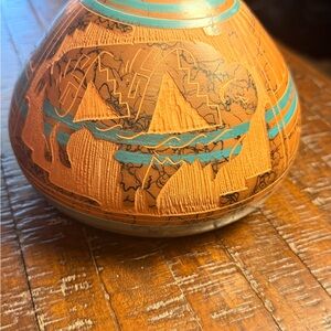 Hand-Painted Terracotta Decorative Ceramic Vase - Turquoise Accent
